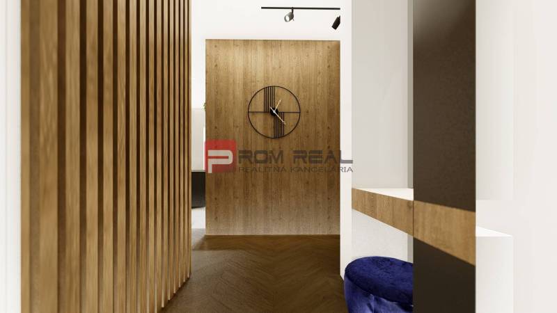 Interior of a 4-room apartment with a wooden wall and modern elements, includes a wall clock.