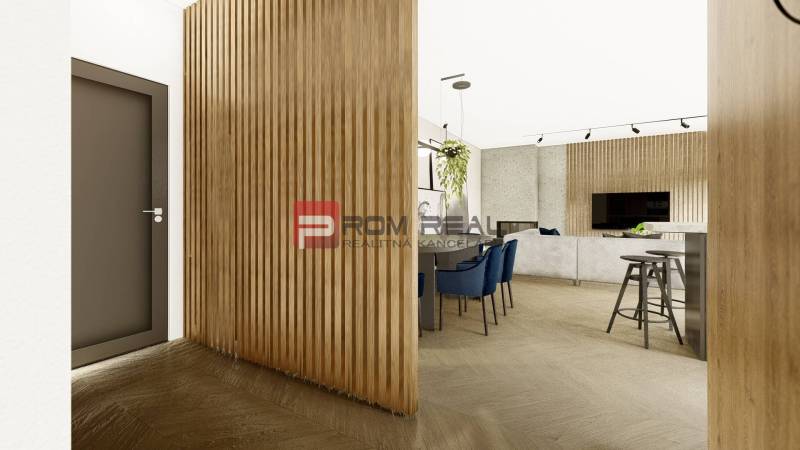 Interior of a 4-room apartment with wooden partitions, black chairs, and comfortable seating.