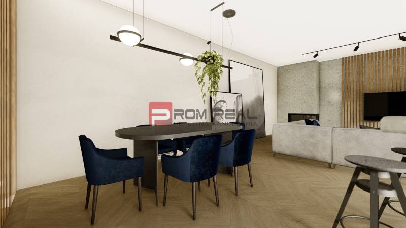Dining table with blue chairs and a green plant in a 4-room apartment.