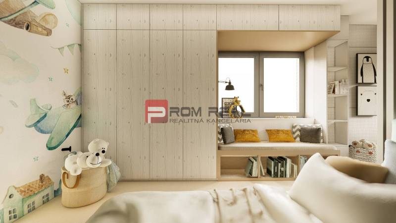 Children's room in a 4-room apartment with storage space and playful wallpaper.