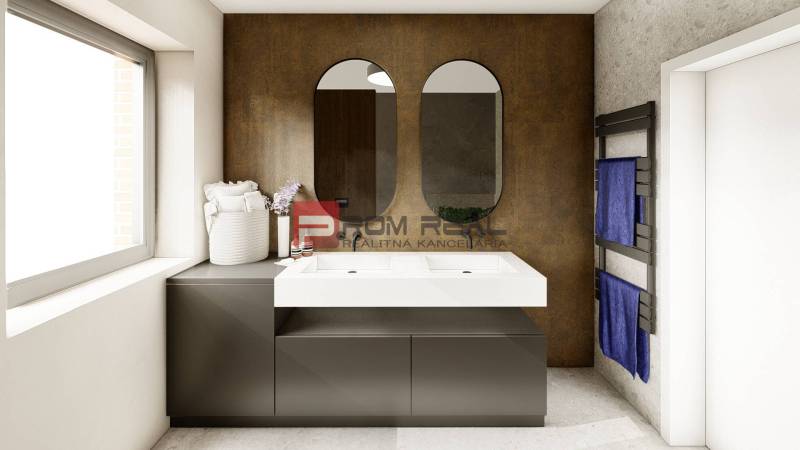 A bathroom in a 4-room apartment with a modern double sink and blue towels.