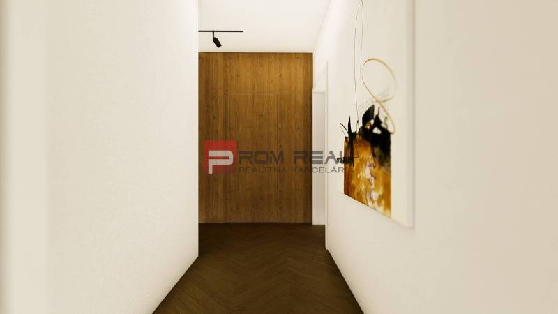 A narrow hallway of a 4-room apartment with a wooden wall and an abstract painting.