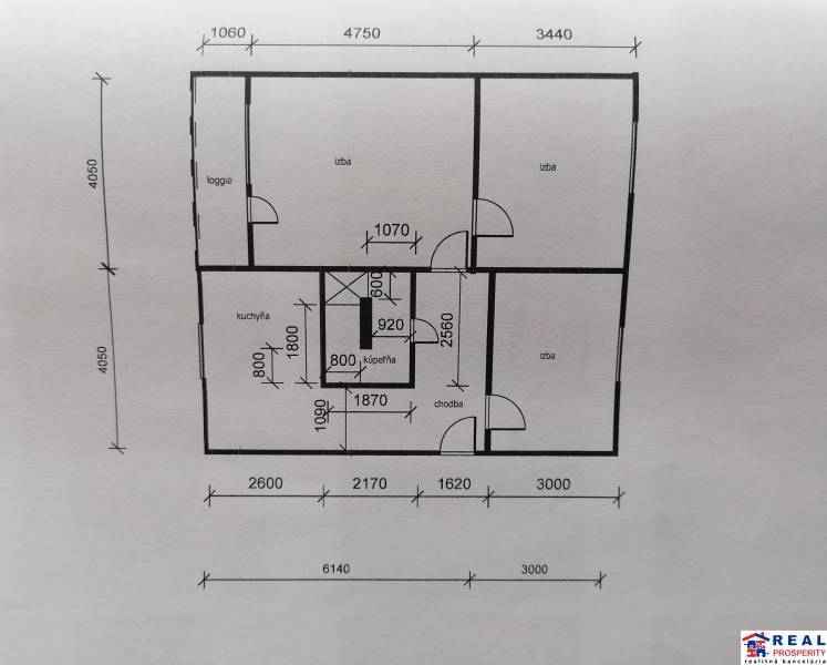 Floor plan of a 3-room apartment with a shown kitchen, bathroom, and loggia.