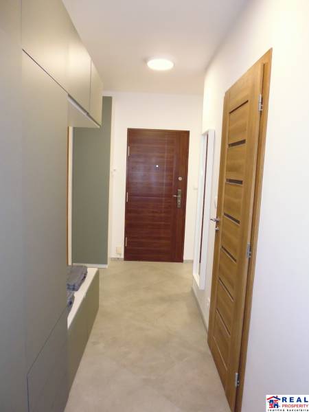 A hallway in a 3-room apartment with built-in wardrobes and wooden doors.
