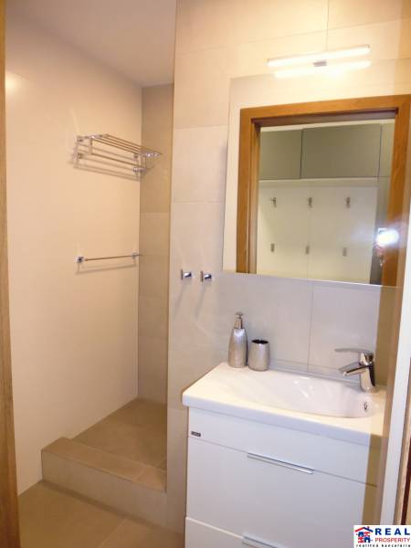 A bathroom in a 3-room apartment with a sink, a mirror, and a shower area.