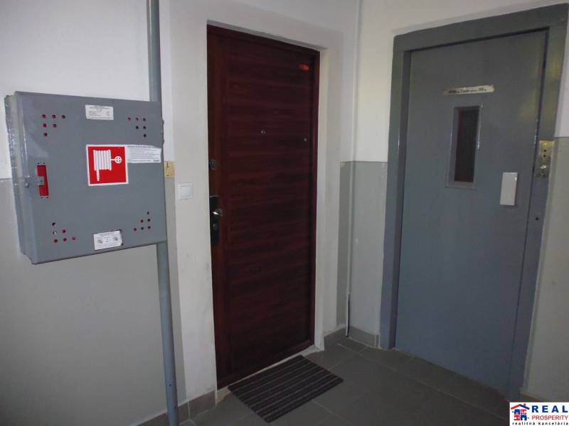 Hallway at the entrance of a 3-room apartment with an elevator and a hydrant.