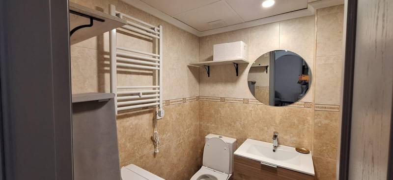 Bathroom in a 3-room apartment with a sink, mirror, and toilet.