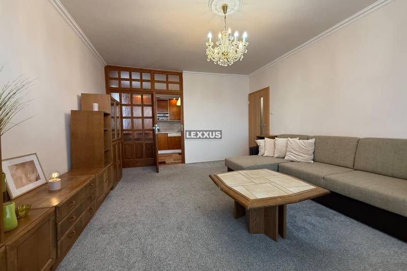 Living room in a 3-room apartment with a sofa, coffee table, and chandelier.