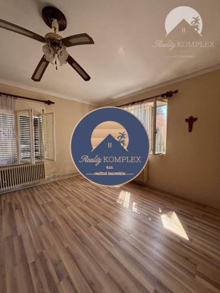 A room in a family house with a wooden floor, a fan, and large windows.