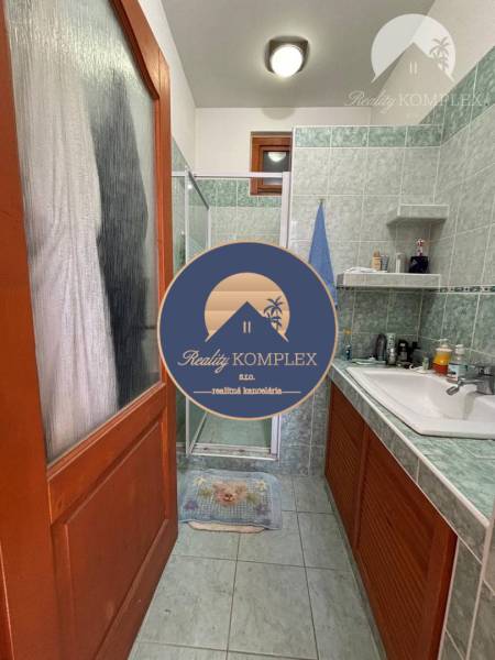 A bathroom in a family house with a sink, a shower, and green tiles.