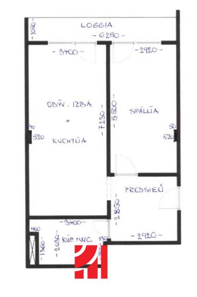 Floor plan of a 2-room apartment with a loggia, kitchen, hallway, and bathroom with toilet.