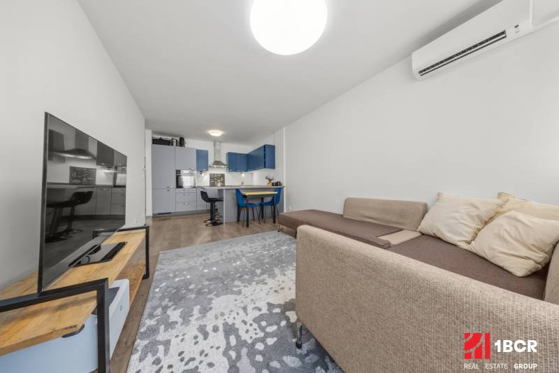 Living room with a kitchen in a 2-room apartment, with a comfortable sofa and a television.