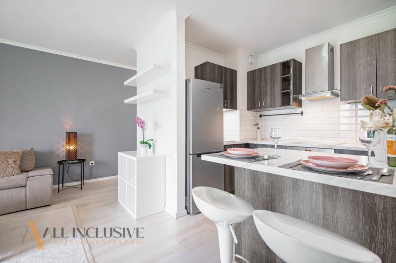 A kitchen in a 2-room apartment with an island, open to the living room with a gray wall.