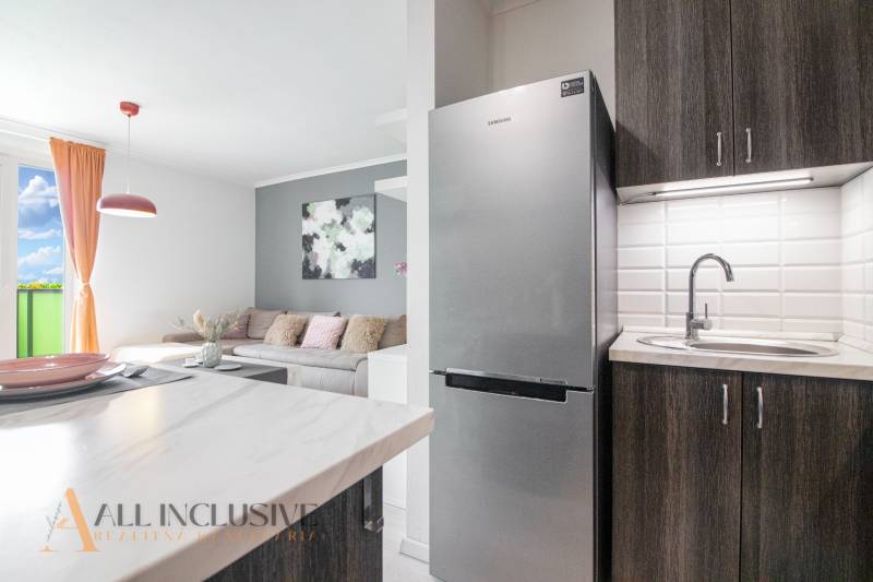 Kitchen with living room in a 2-room apartment, refrigerator, sink, sofa, balcony, decorations.