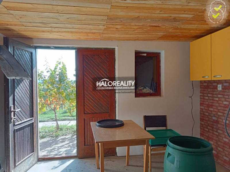 The interior of the cabin with a wooden ceiling, table, chair, and streaming light from outside.