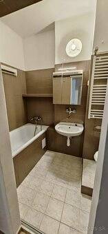 Bathroom in a 2-room apartment with a shower, sink, and furniture.
