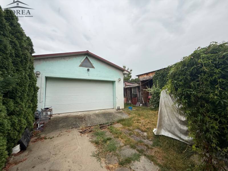 Garage and yard of a family house in Ludanice with greenery and a driveway.