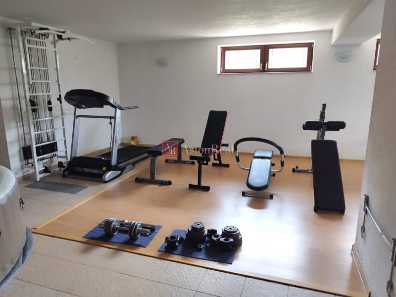 Home gym in a family house with dumbbells, a treadmill, and workout benches.
