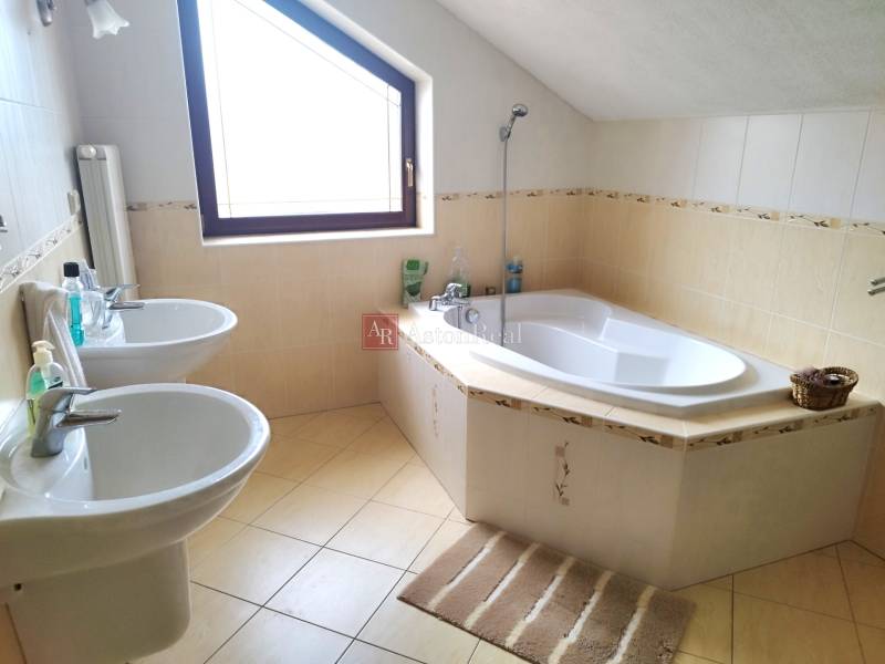 A bathroom in a family house with a shower, a bathtub, and a double sink.