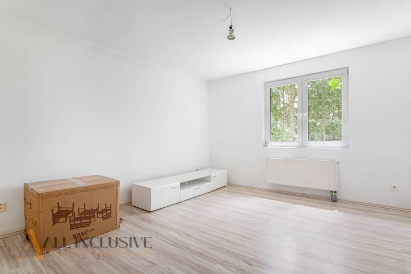 A bright room with a white cabinet and a cardboard box in a family house.