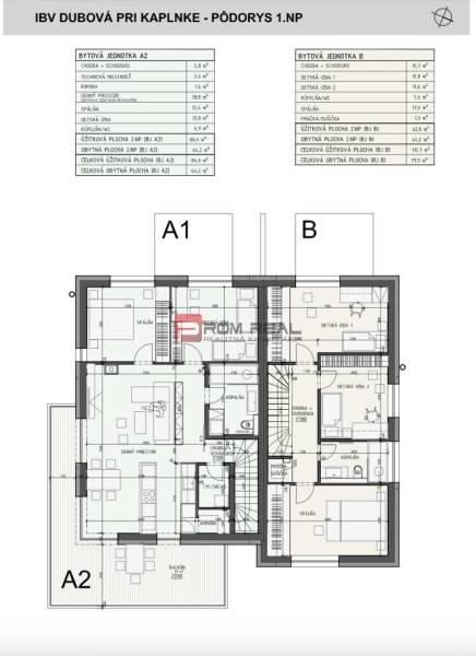 Floor plan of a 3-room apartment in Dubová showing the layout of rooms and areas.