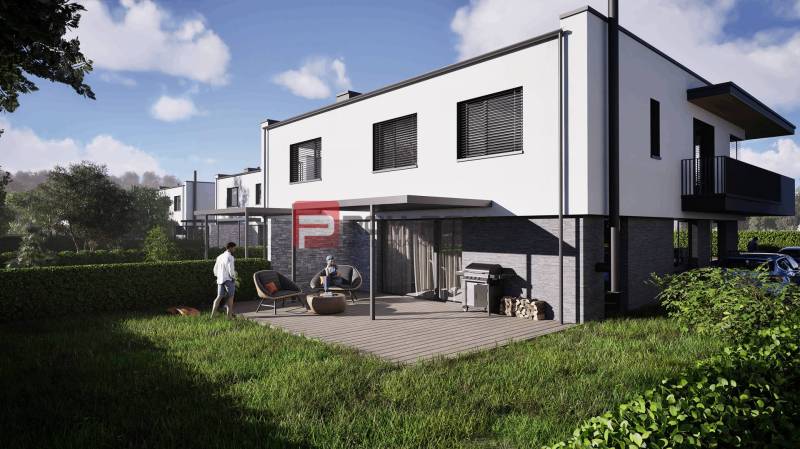 Exterior of a 3-room apartment in Dubová with a terrace, greenery, and modern design.