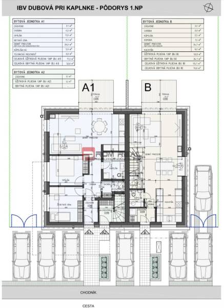 Floor plan of a 3-room apartment in Dubová near the Chapel with parking spaces and a terrace.