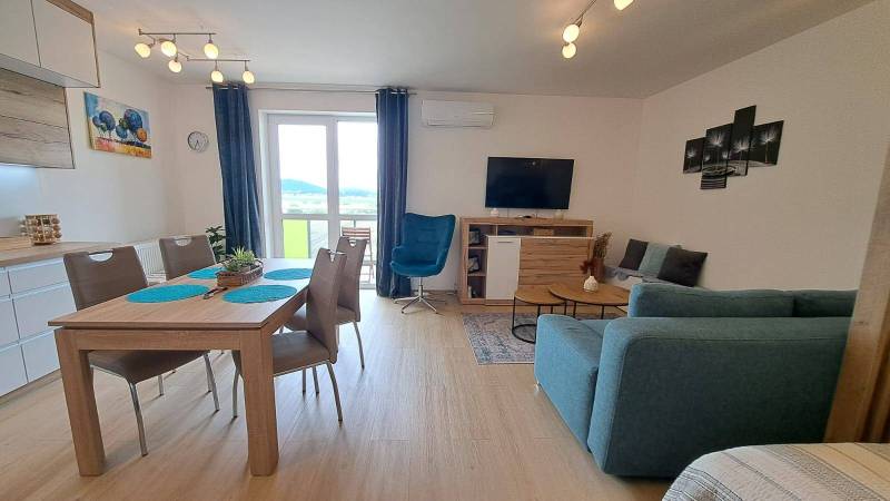 Living room in a studio apartment with a dining table, sofa, armchair, and a TV on the wall.