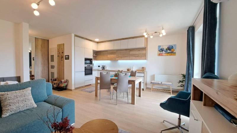 Studio apartment with a comfortable sofa, dining table, and kitchenette with wooden details.