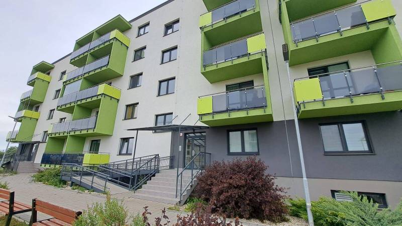 Apartment building with green balconies on Suchoňova Street in Poprad.