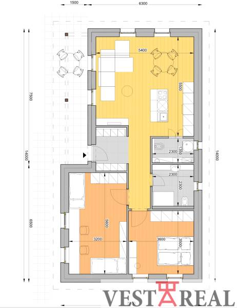 Floor plan of a family house with two bedrooms, a living room, and a kitchen.