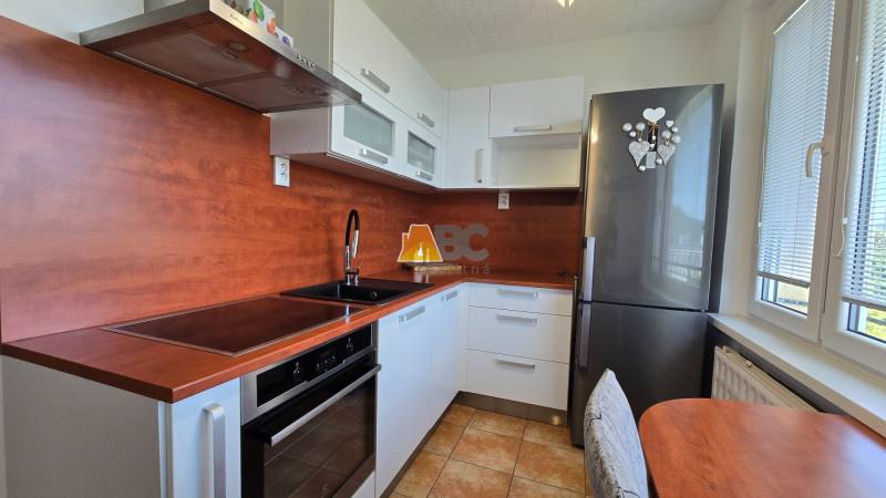 Kitchen in a two-room apartment with white cabinets, wooden paneling, stainless steel appliances.