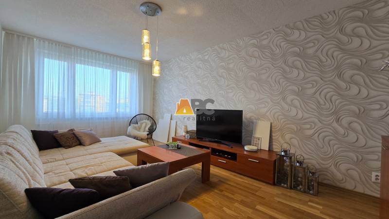 Living room in a two-room apartment with a sofa, television, and a patterned wall.