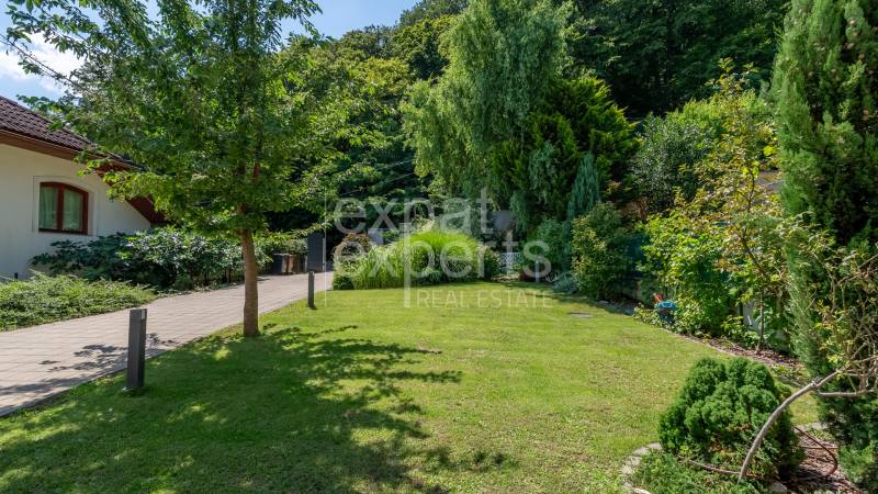 The garden of a family house on Sliačska Street in Bratislava - Ahoj, surrounded by greenery and trees.