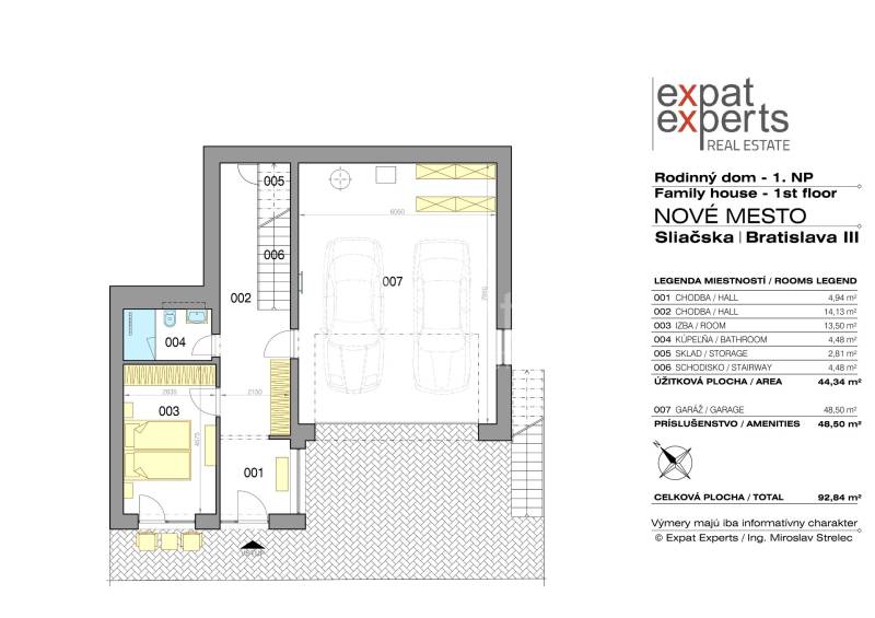 Floor plan of a family house with a garage and rooms on Sliačska Street in Bratislava.