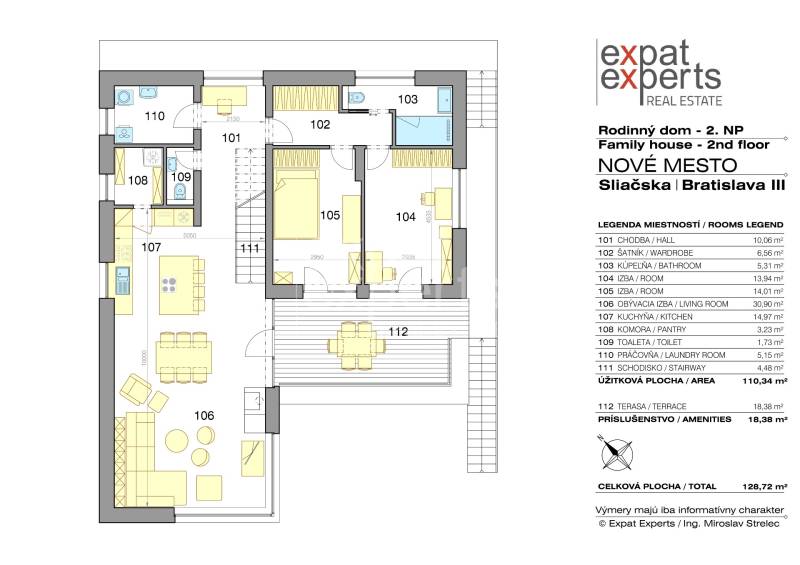 Floor plan of the second floor of the family house on Sliačska Street in Bratislava. Placement of rooms.