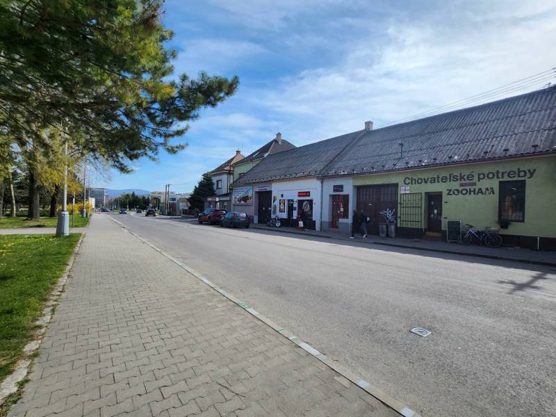 P. O. Hviezdoslav Street in Nové Mesto nad Váhom with unique properties and shops.
