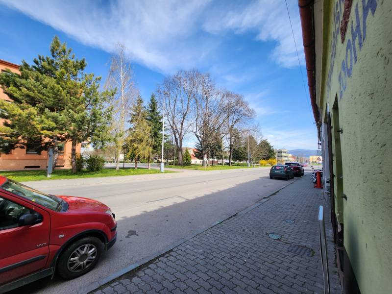 P. O. Hviezdoslav Street in Nové Mesto nad Váhom with trees and cars. Unusual properties.