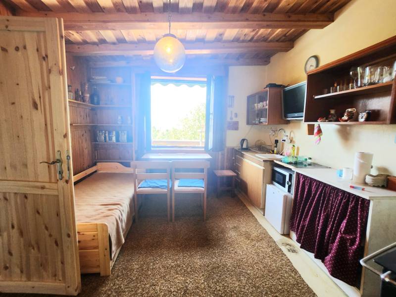 Wooden interior of a cabin with a kitchenette, bed, and dining table under the window.