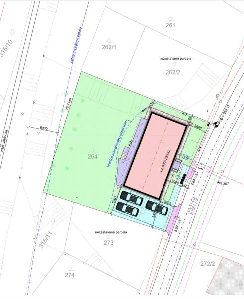 Land plan on Krajné Street: Housing, parking spaces, and undeveloped plots.