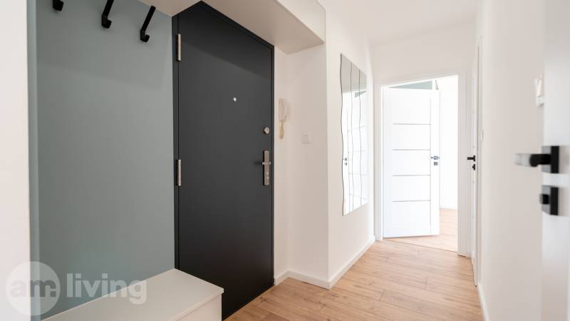 Hallway in a 2-room apartment, light walls, wooden floor, mirror, and doors.