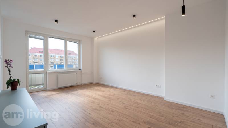 A bright room in a 2-room apartment with laminate flooring and large windows.