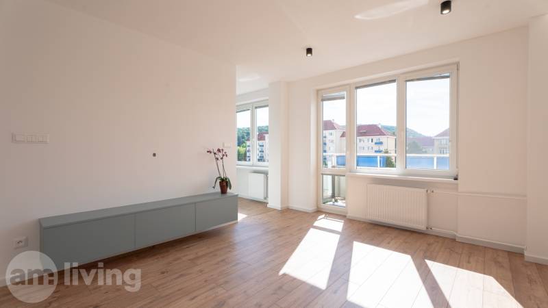 Living room of a two-room apartment with wooden flooring and large windows.