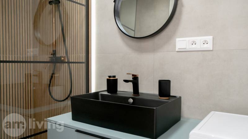 Bathroom in a 2-room apartment with a black sink, mirror, and shower enclosure.