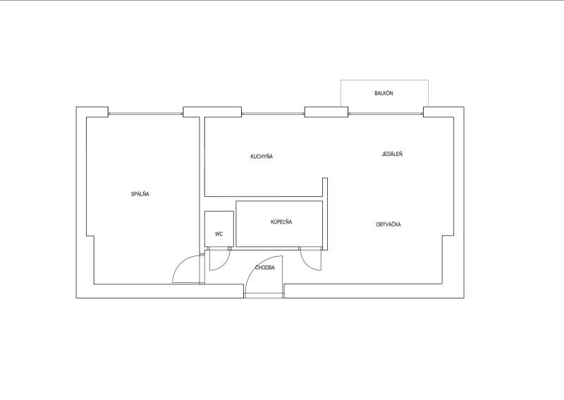 Floor plan of a 2-room apartment with a kitchen, bedroom, living room, and balcony.