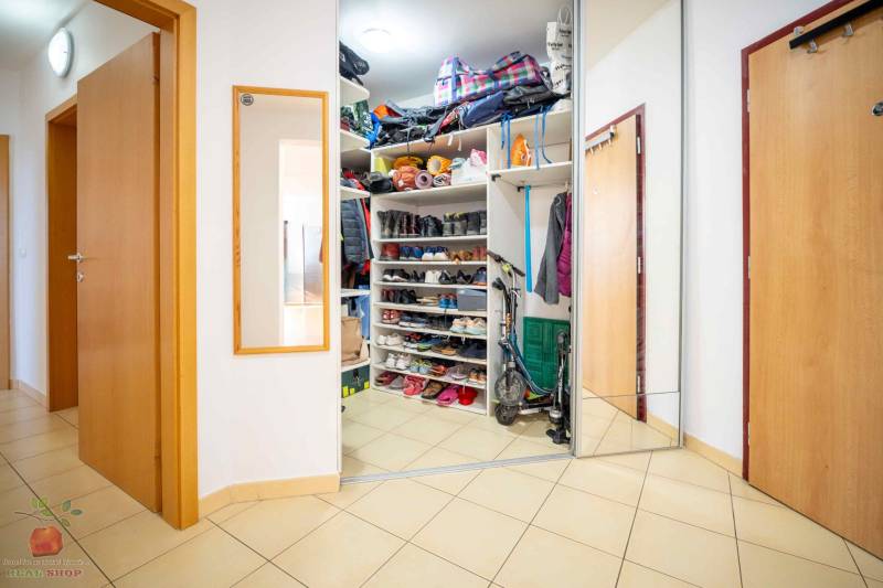 A hallway in a 3-room apartment with storage space, shoe shelves, and mirrors.