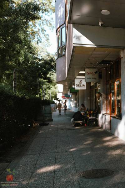 A view of the pedestrian zone on Záhradnícka Street in Bratislava with shops and greenery.