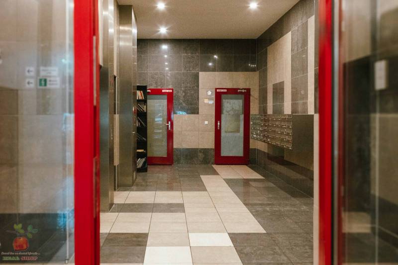 Entrance hall of a 3-room apartment with mailboxes and red doors.