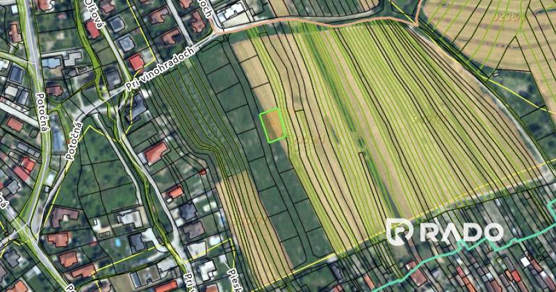 Map of residential plots in the Bratislava - Rača area, including marked roads and parcels.