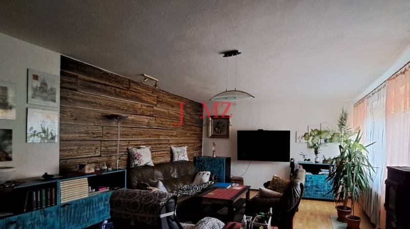 Living room in a family house with a stylish wooden wall and comfortable seating.